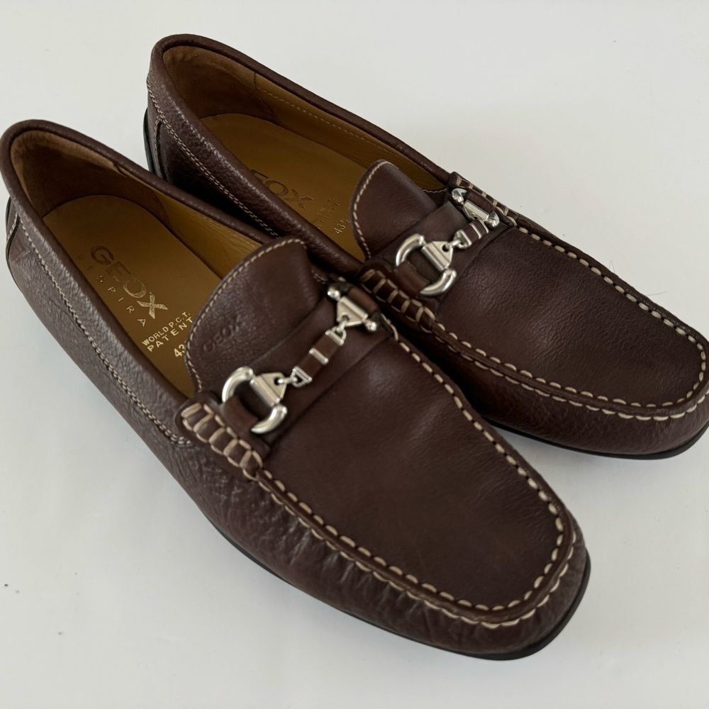 Geox Respira Brown Leather Slip on Shoes Loafer Horsebit Comfort EU 43.5 US 10